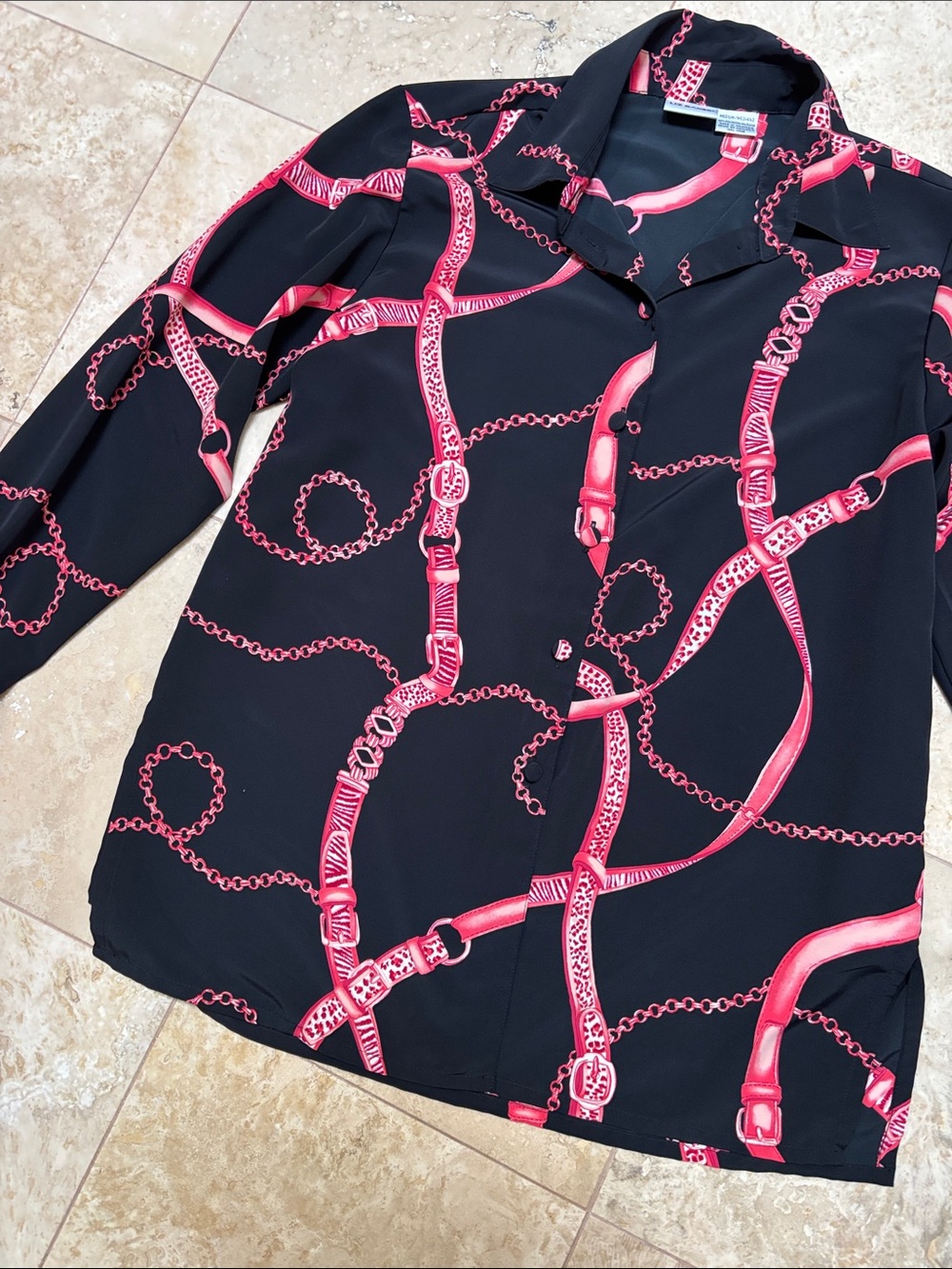 Liz Baker Black Blouse with Pink Strap and Chain Print